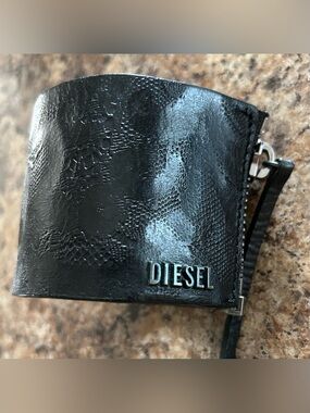Vintage Y2K Diesel Black Textured Leather Zipper Cuff with Logo Unisex